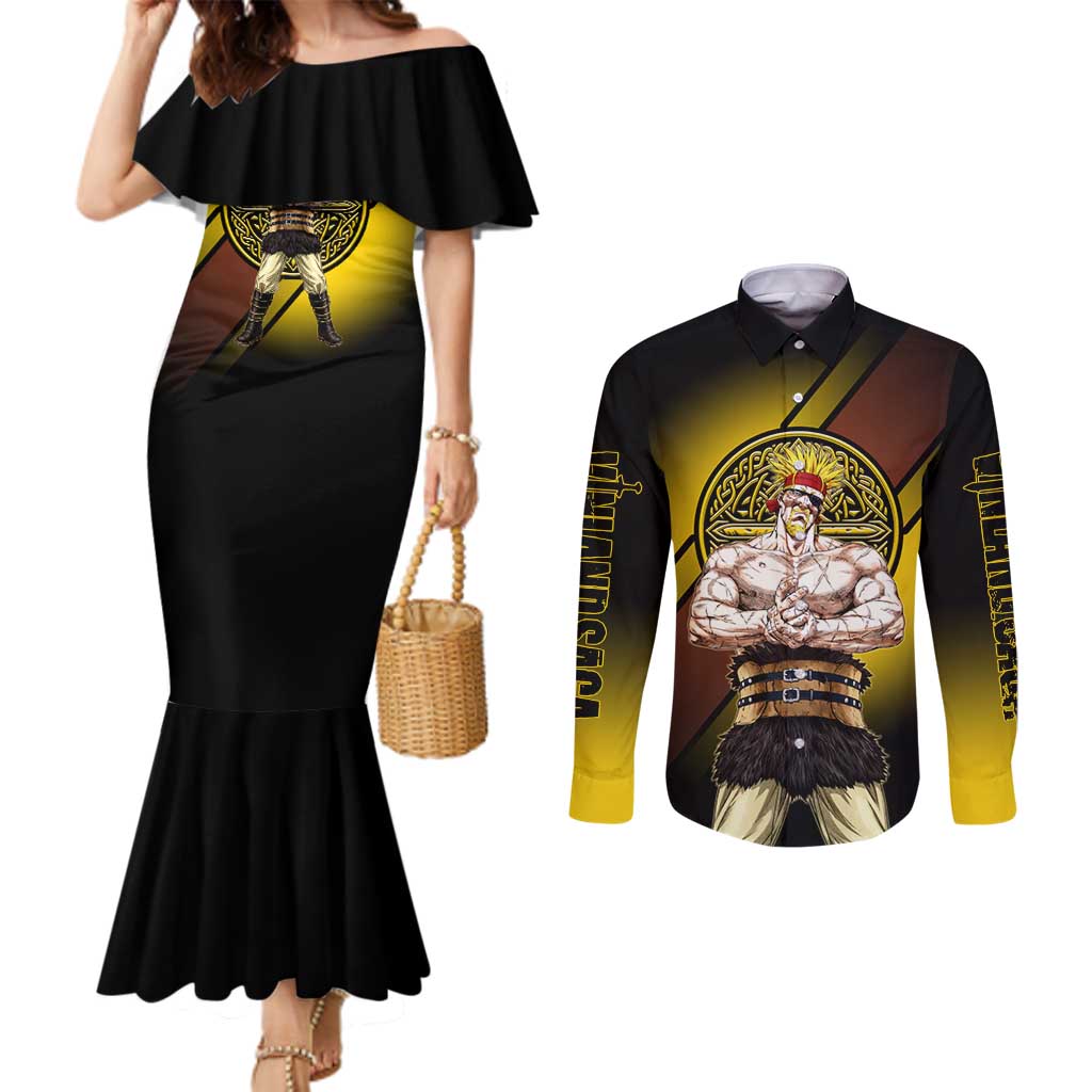 Thorkell Viking Berserker Couples Matching Mermaid Dress and Long Sleeve Button Shirt Viking Manga Illustration Style
