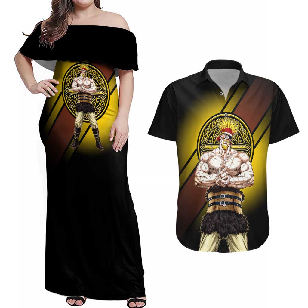 Thorkell Viking Berserker Couples Matching Off Shoulder Maxi Dress and Hawaiian Shirt Viking Manga Illustration Style