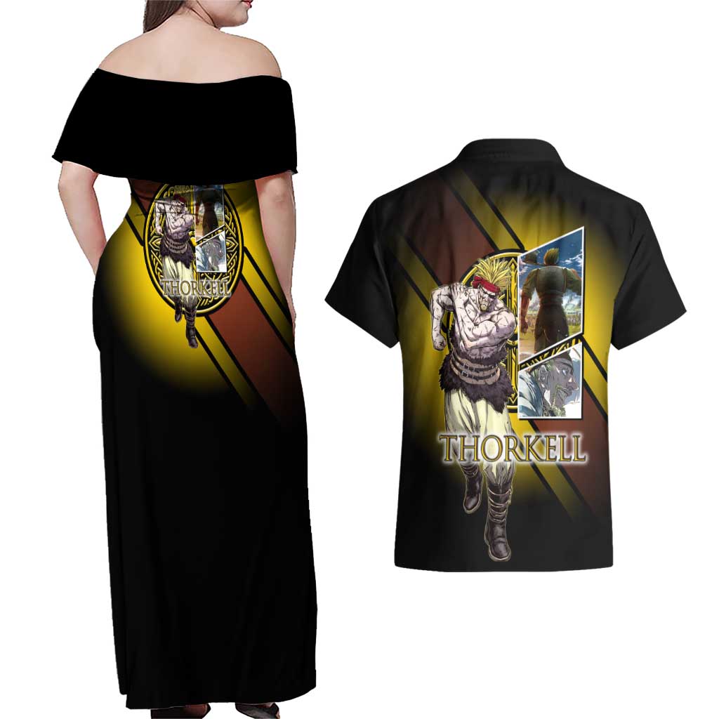 Thorkell Viking Berserker Couples Matching Off Shoulder Maxi Dress and Hawaiian Shirt Viking Manga Illustration Style