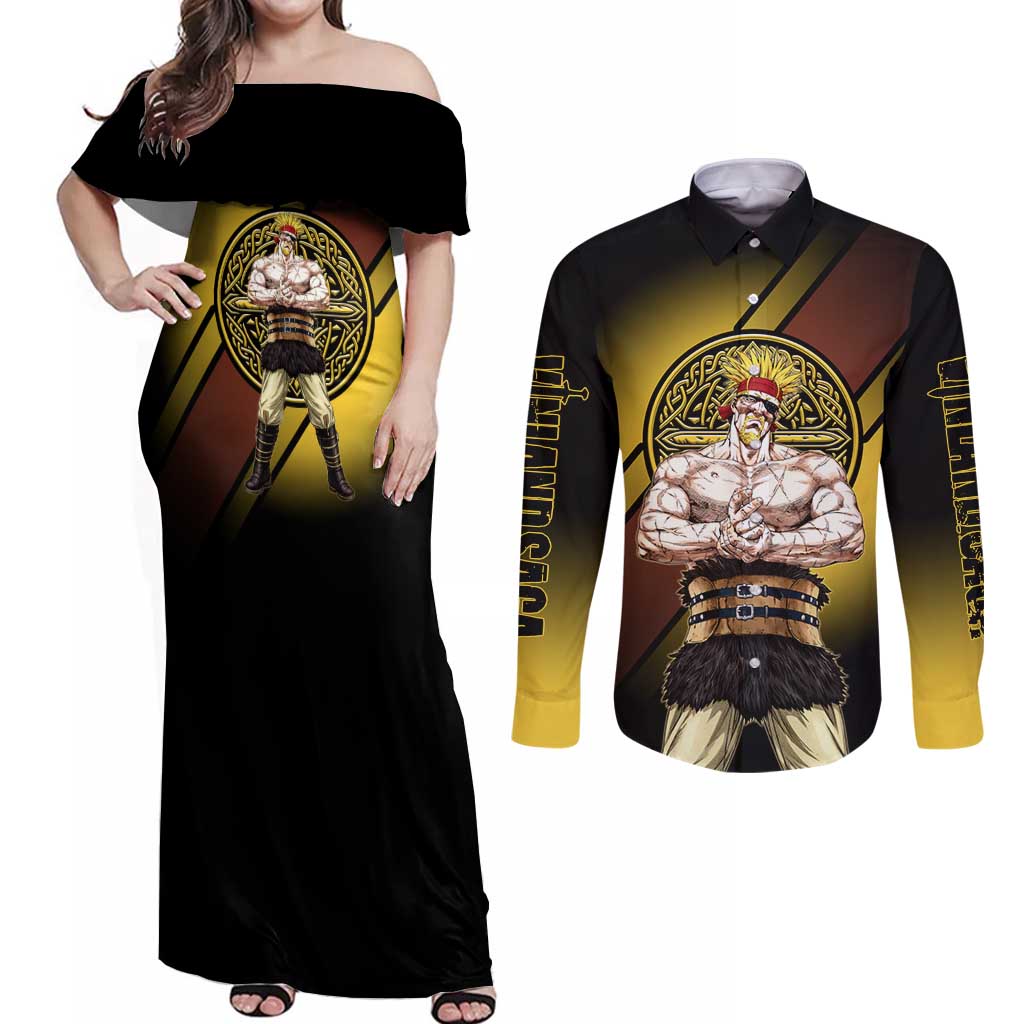 Thorkell Viking Berserker Couples Matching Off Shoulder Maxi Dress and Long Sleeve Button Shirt Viking Manga Illustration Style