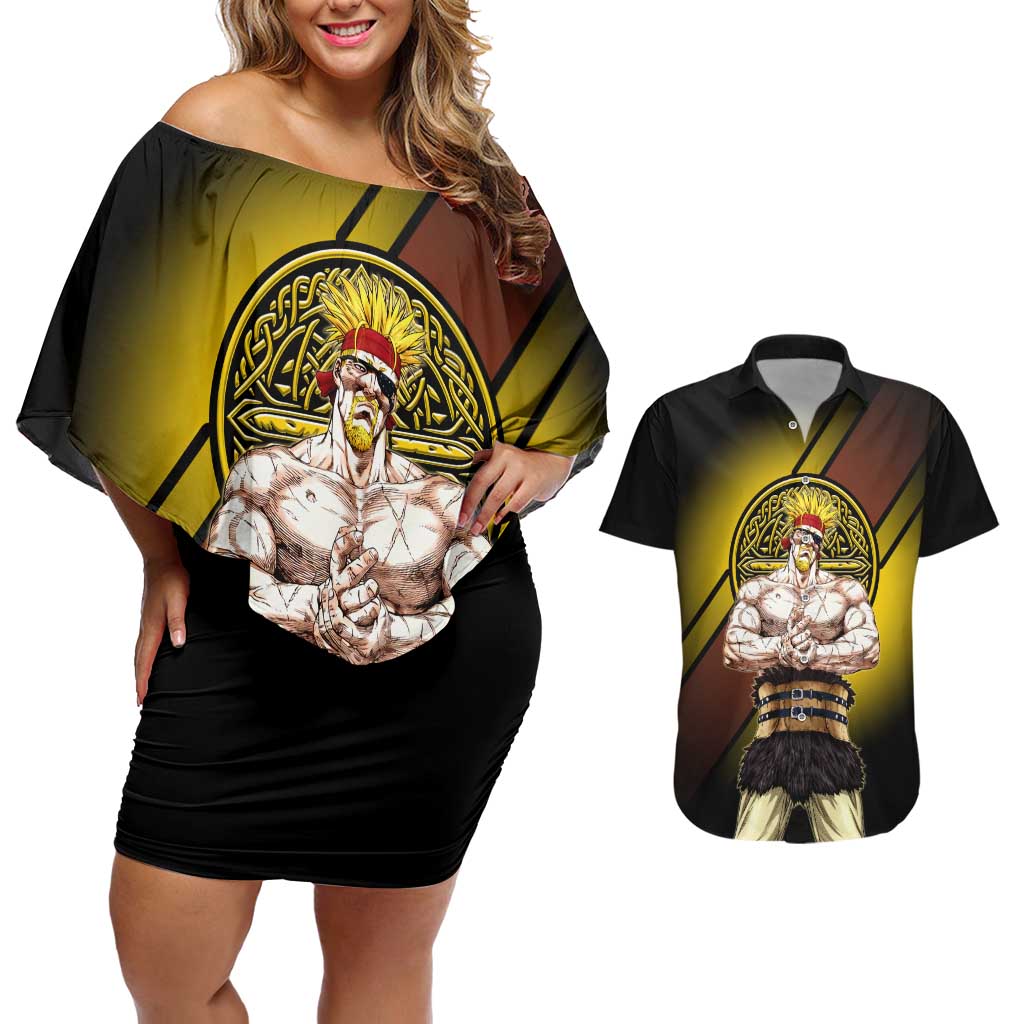 Thorkell Viking Berserker Couples Matching Off Shoulder Short Dress and Hawaiian Shirt Viking Manga Illustration Style
