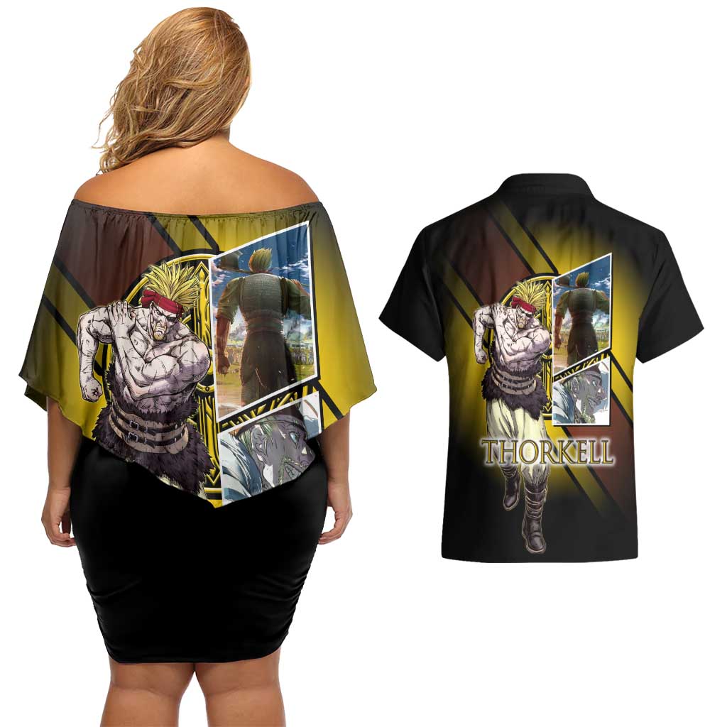 Thorkell Viking Berserker Couples Matching Off Shoulder Short Dress and Hawaiian Shirt Viking Manga Illustration Style