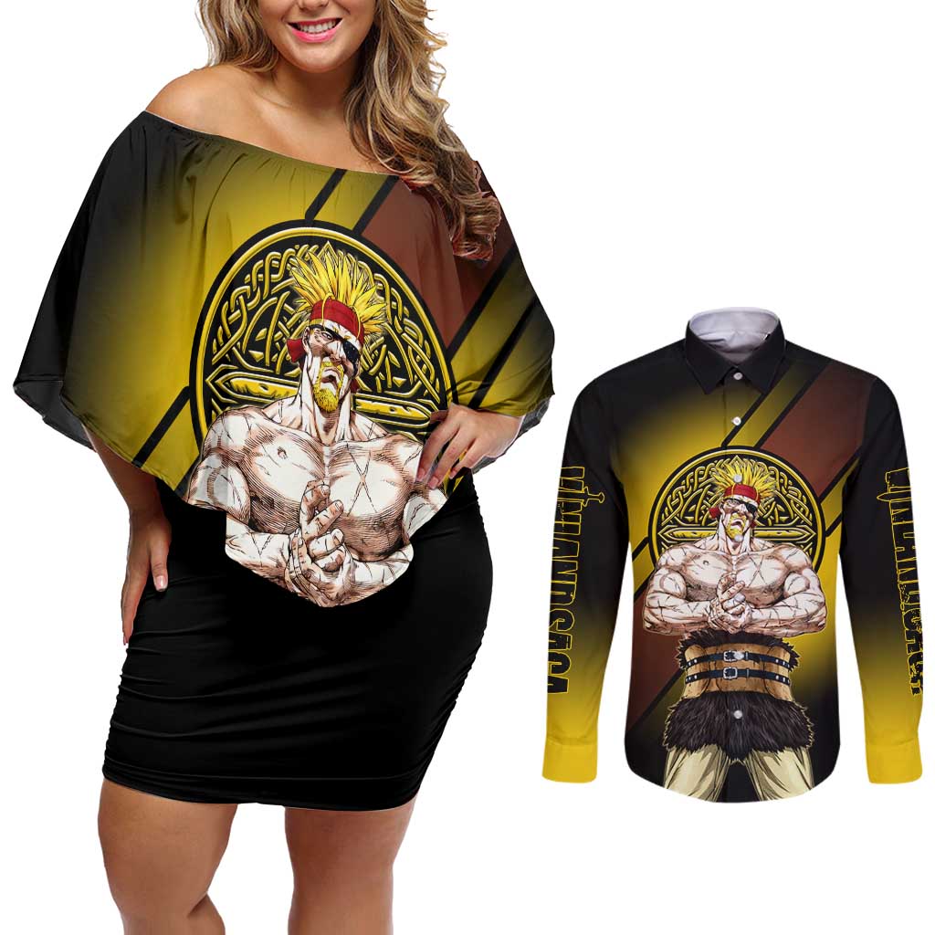 Thorkell Viking Berserker Couples Matching Off Shoulder Short Dress and Long Sleeve Button Shirt Viking Manga Illustration Style