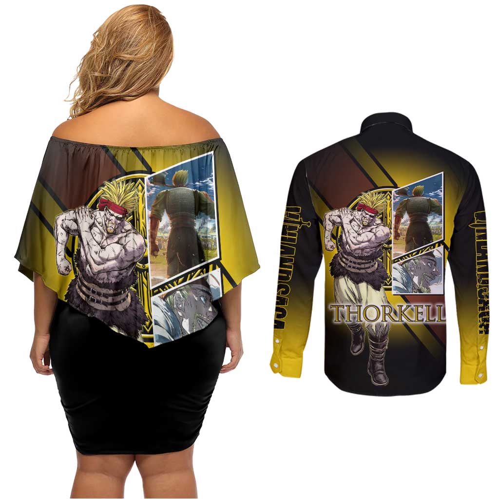 Thorkell Viking Berserker Couples Matching Off Shoulder Short Dress and Long Sleeve Button Shirt Viking Manga Illustration Style
