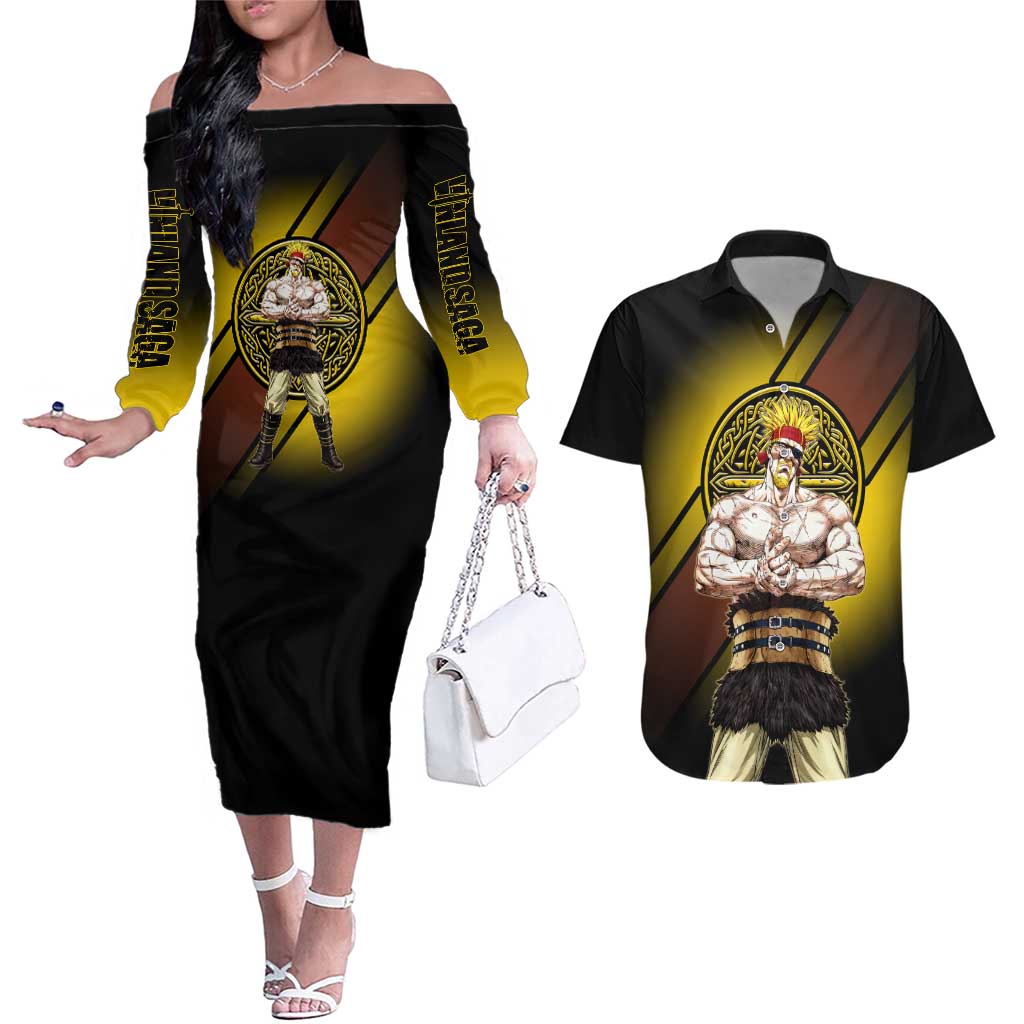 Thorkell Viking Berserker Couples Matching Off The Shoulder Long Sleeve Dress and Hawaiian Shirt Viking Manga Illustration Style