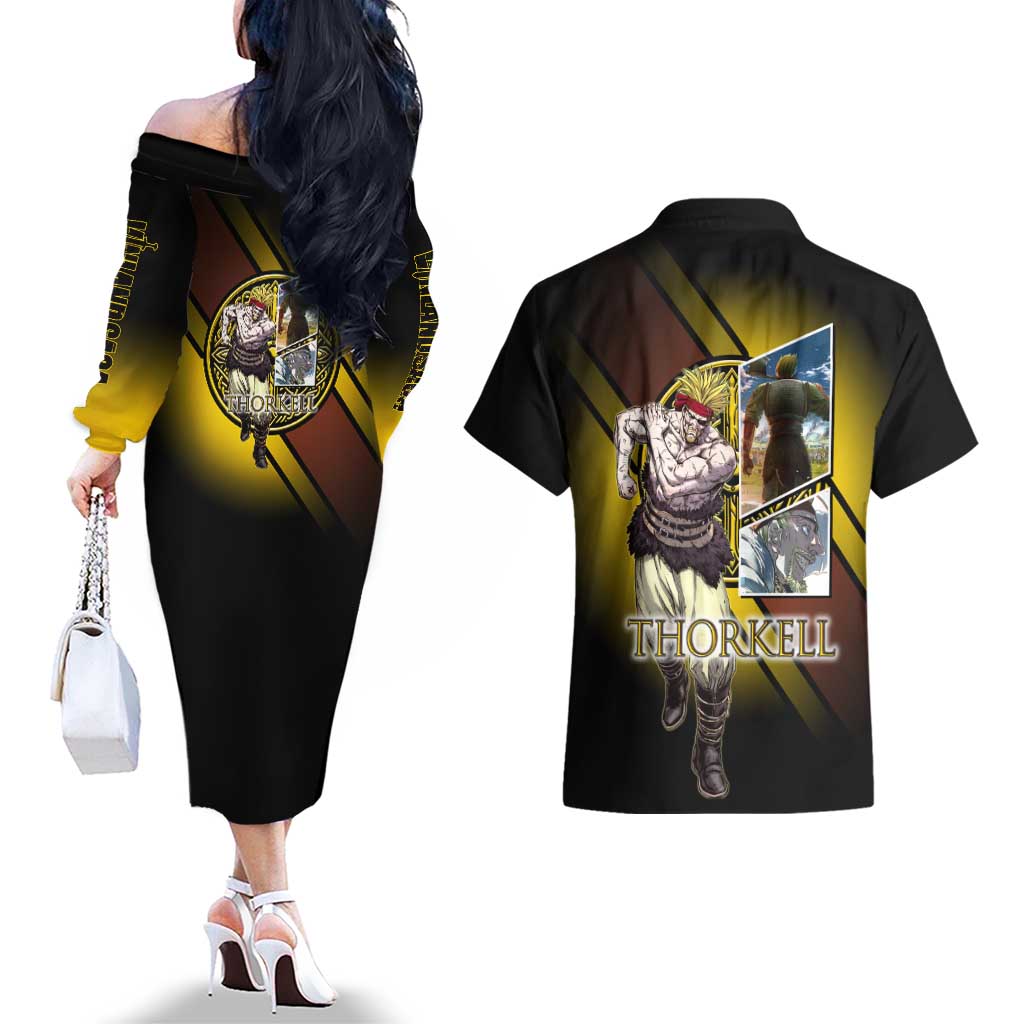 Thorkell Viking Berserker Couples Matching Off The Shoulder Long Sleeve Dress and Hawaiian Shirt Viking Manga Illustration Style