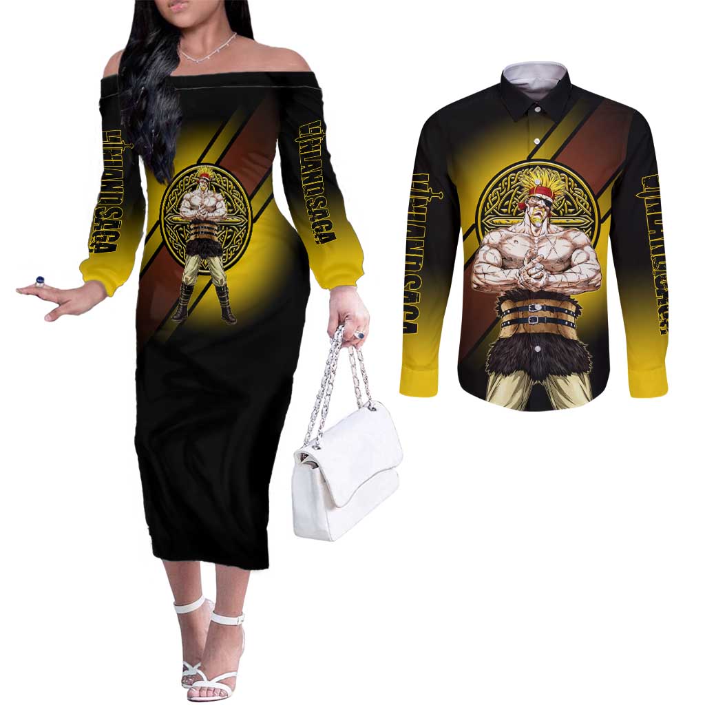 Thorkell Viking Berserker Couples Matching Off The Shoulder Long Sleeve Dress and Long Sleeve Button Shirt Viking Manga Illustration Style