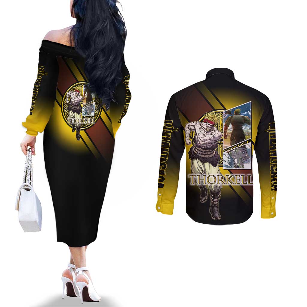 Thorkell Viking Berserker Couples Matching Off The Shoulder Long Sleeve Dress and Long Sleeve Button Shirt Viking Manga Illustration Style