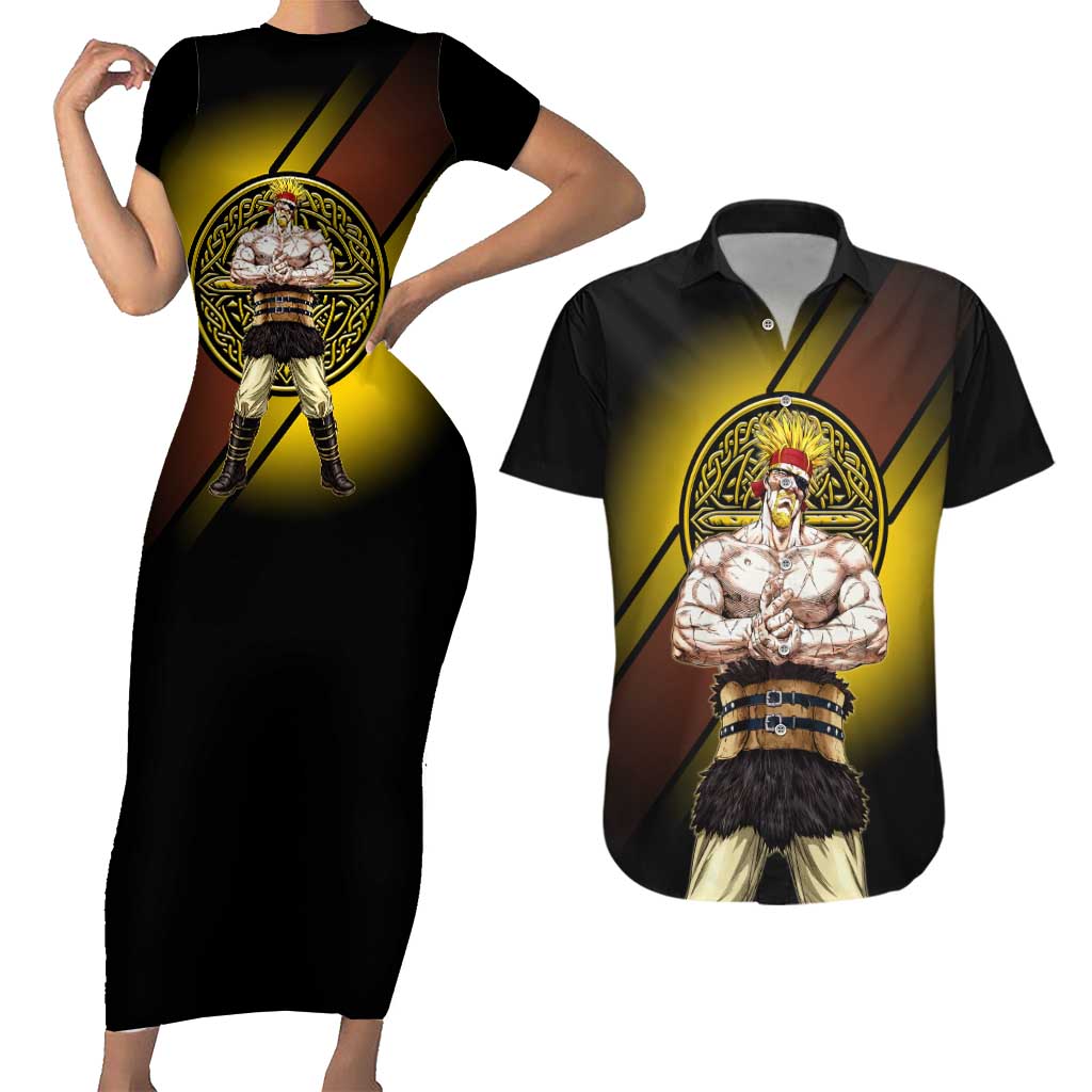 Thorkell Viking Berserker Couples Matching Short Sleeve Bodycon Dress and Hawaiian Shirt Viking Manga Illustration Style