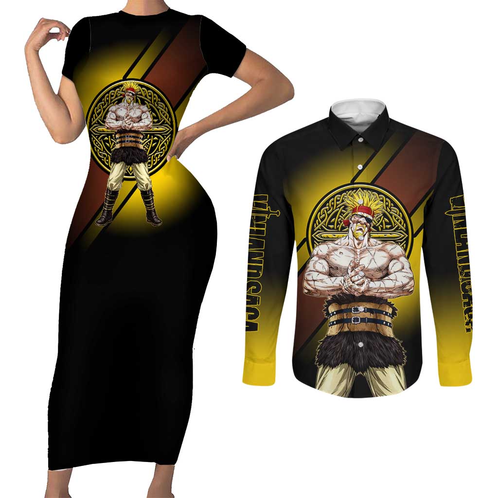 Thorkell Viking Berserker Couples Matching Short Sleeve Bodycon Dress and Long Sleeve Button Shirt Viking Manga Illustration Style