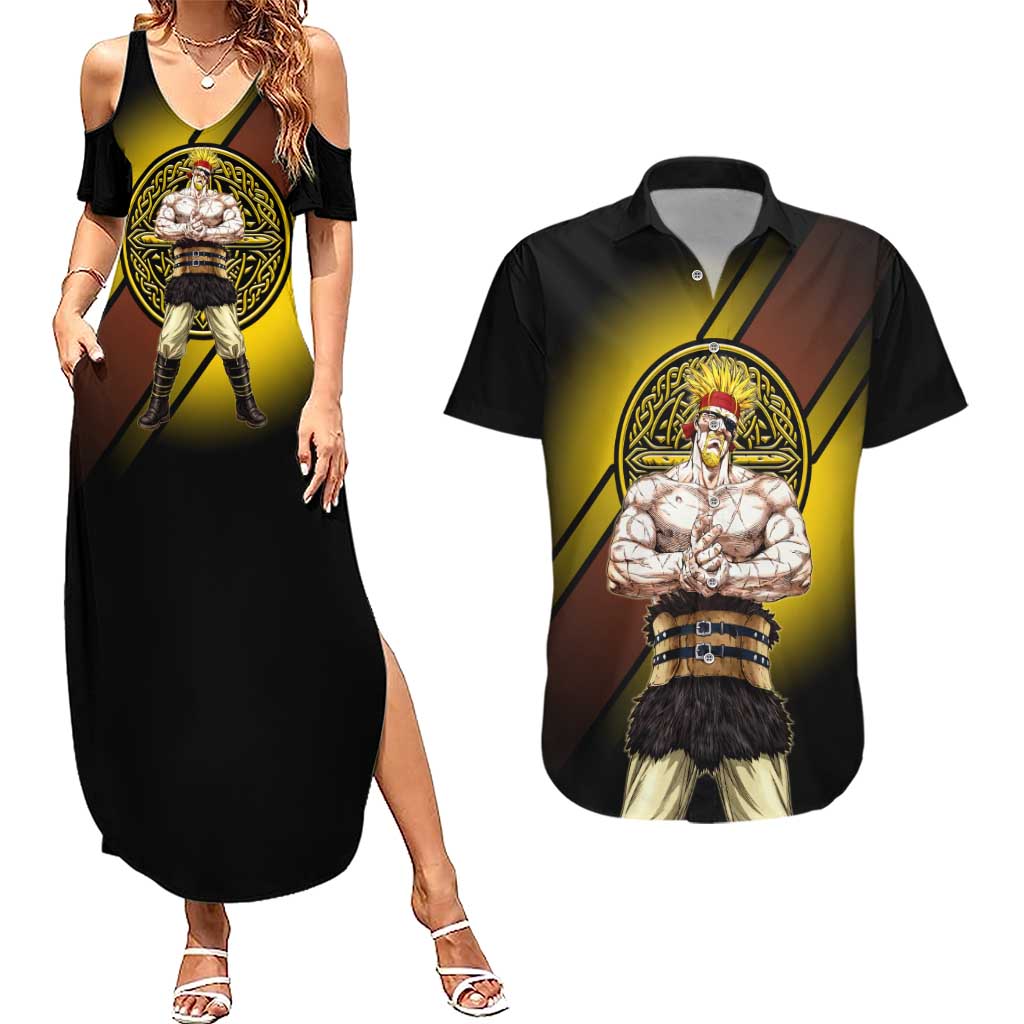 Thorkell Viking Berserker Couples Matching Summer Maxi Dress and Hawaiian Shirt Viking Manga Illustration Style