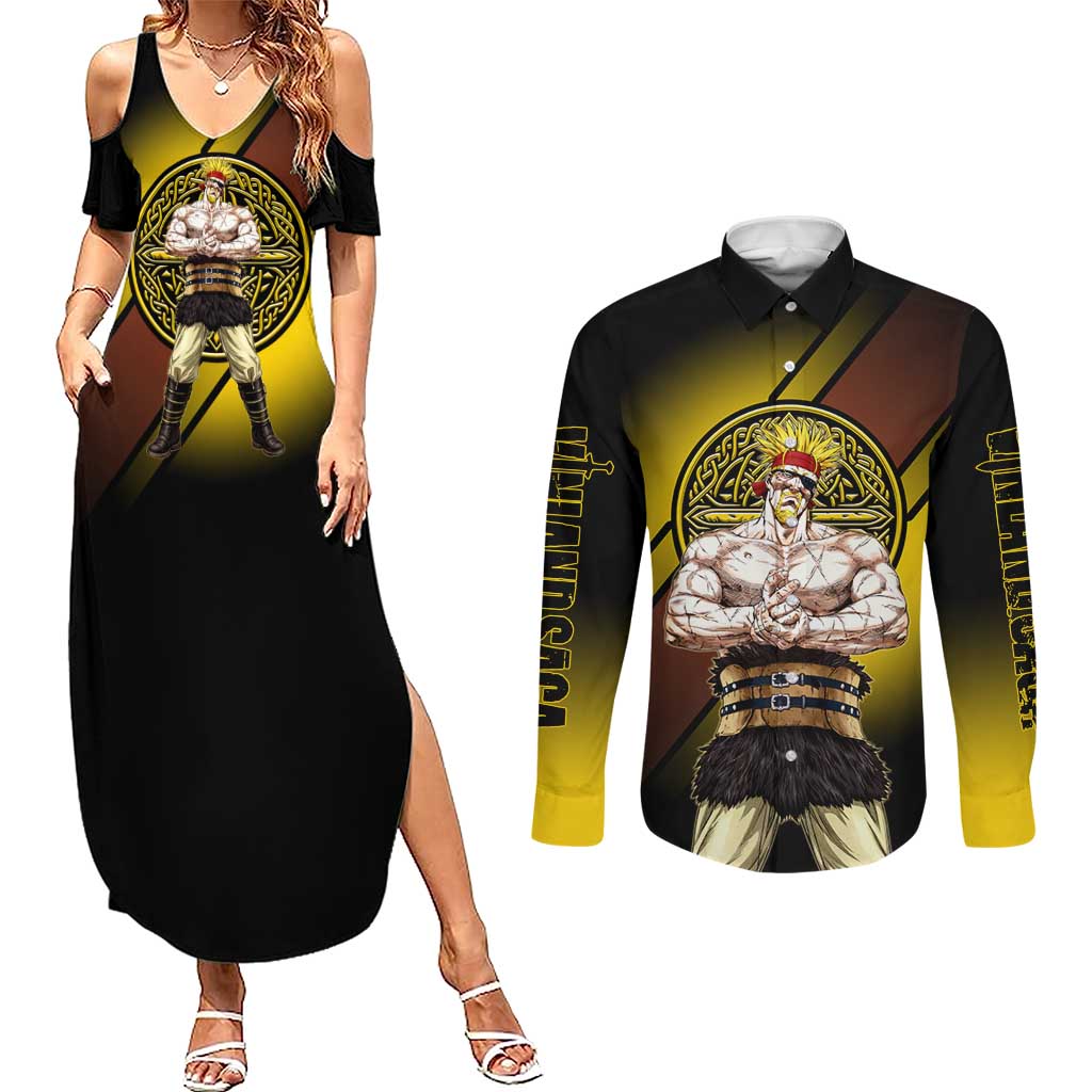 Thorkell Viking Berserker Couples Matching Summer Maxi Dress and Long Sleeve Button Shirt Viking Manga Illustration Style