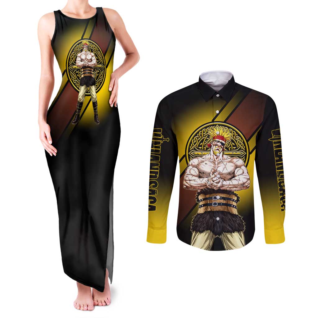 Thorkell Viking Berserker Couples Matching Tank Maxi Dress and Long Sleeve Button Shirt Viking Manga Illustration Style