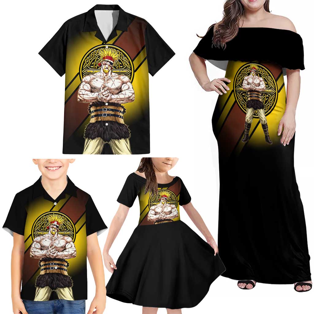 Thorkell Viking Berserker Family Matching Off Shoulder Maxi Dress and Hawaiian Shirt Viking Manga Illustration Style