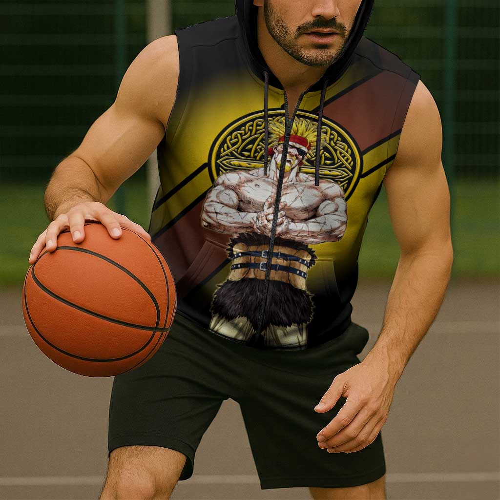 Thorkell Viking Berserker Sleeveless Zip Hoodie Viking Manga Illustration Style