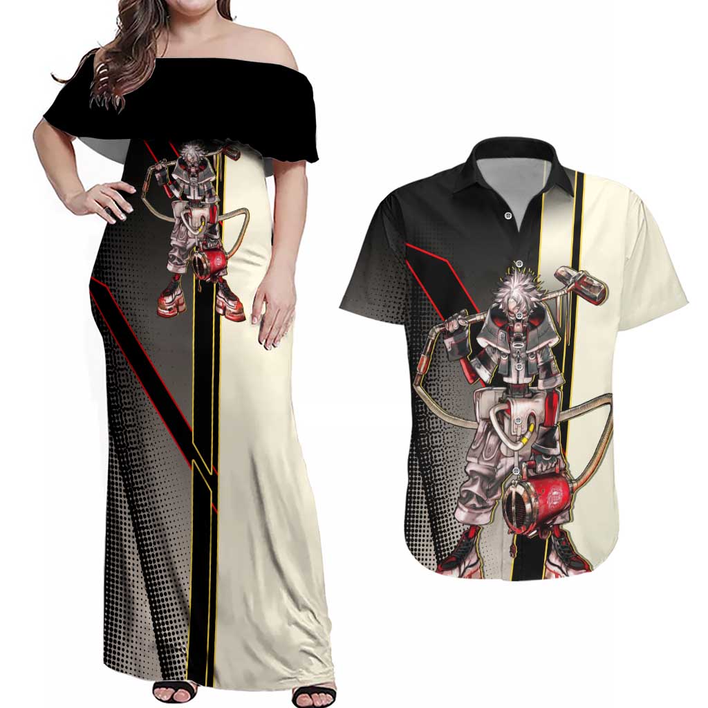 Rudo Surebrec Couples Matching Off Shoulder Maxi Dress and Hawaiian Shirt Grunge Manga Illustration Style