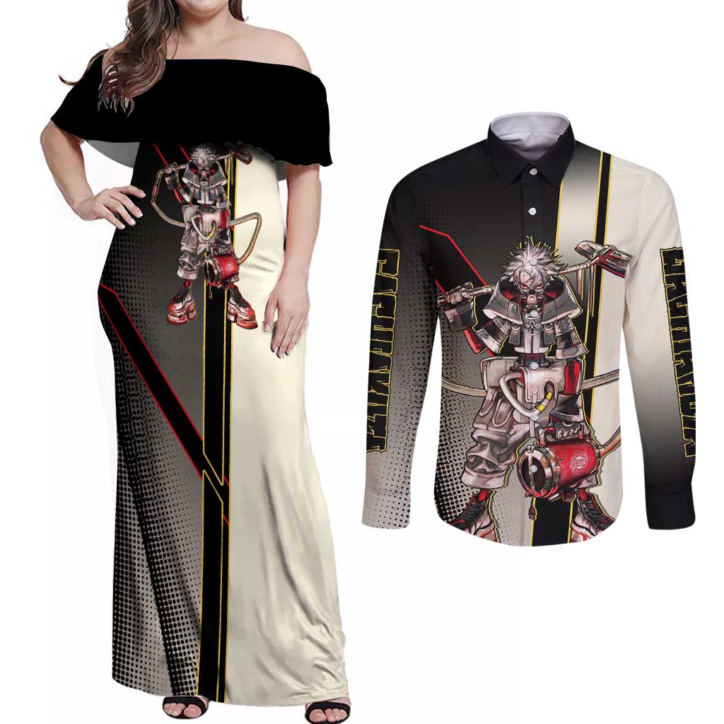 Rudo Surebrec Couples Matching Off Shoulder Maxi Dress and Long Sleeve Button Shirt Grunge Manga Illustration Style