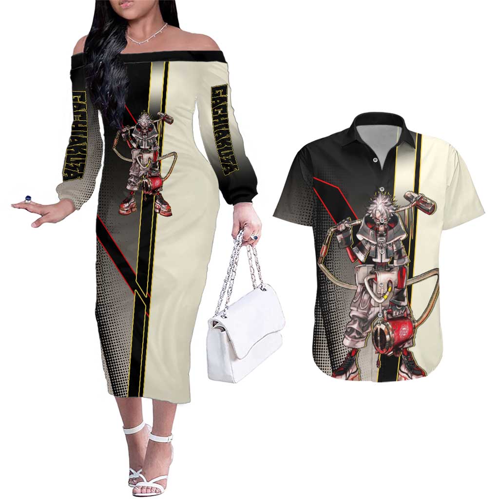 Rudo Surebrec Couples Matching Off The Shoulder Long Sleeve Dress and Hawaiian Shirt Grunge Manga Illustration Style