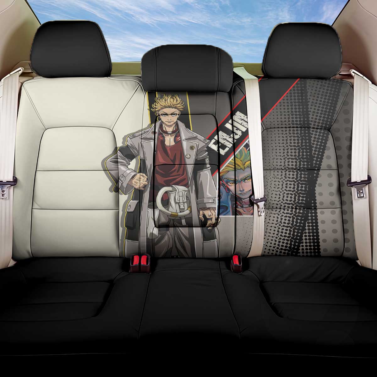 Enjin Crimson Strategist Back Car Seat Cover Grunge Manga Illustration Style