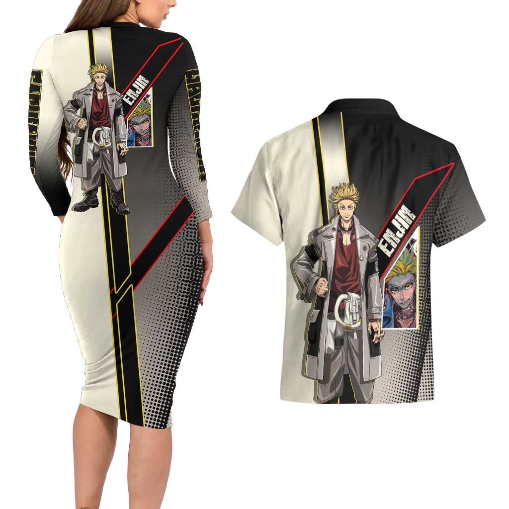 Enjin Crimson Strategist Couples Matching Long Sleeve Bodycon Dress and Hawaiian Shirt Grunge Manga Illustration Style