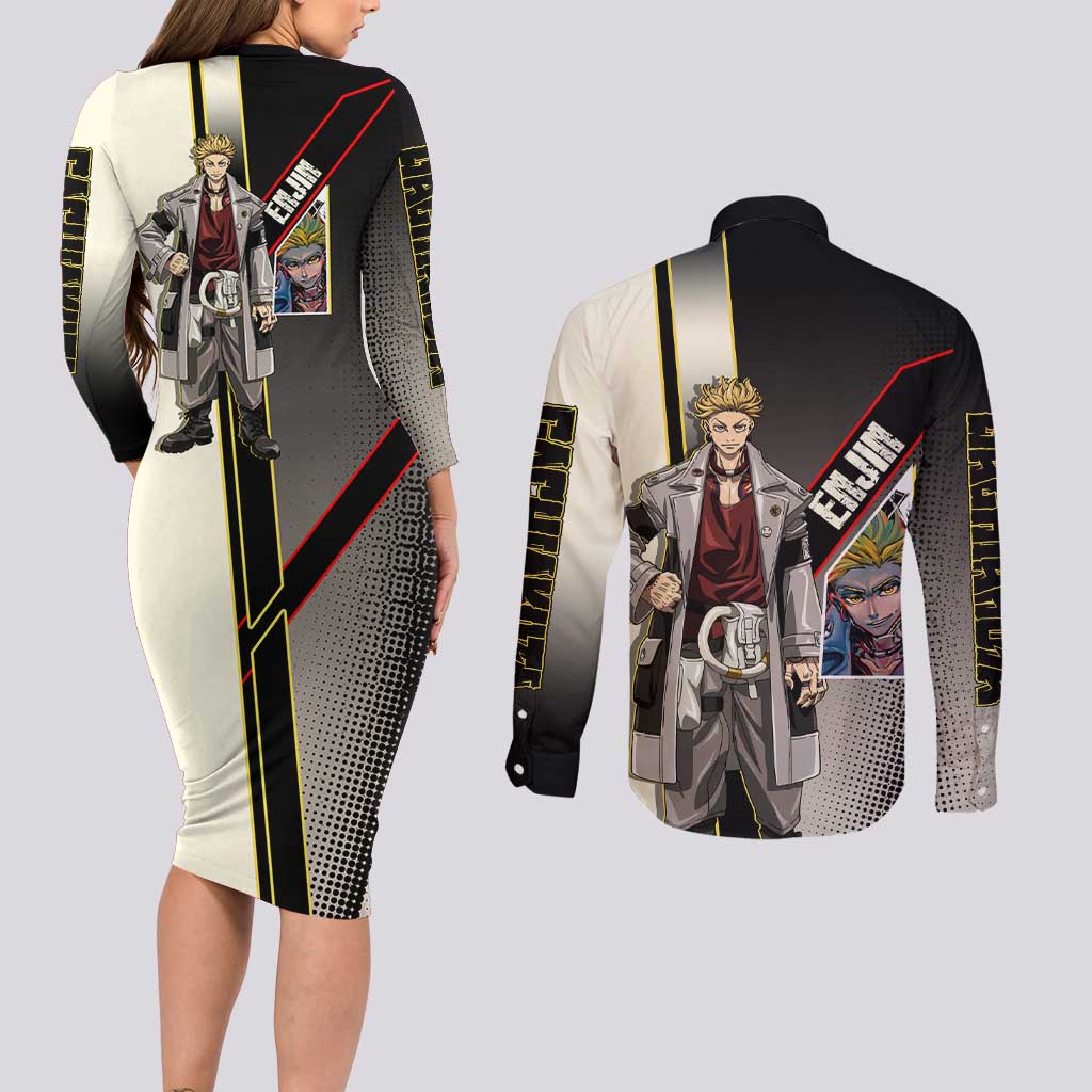 Enjin Crimson Strategist Couples Matching Long Sleeve Bodycon Dress and Long Sleeve Button Shirt Grunge Manga Illustration Style