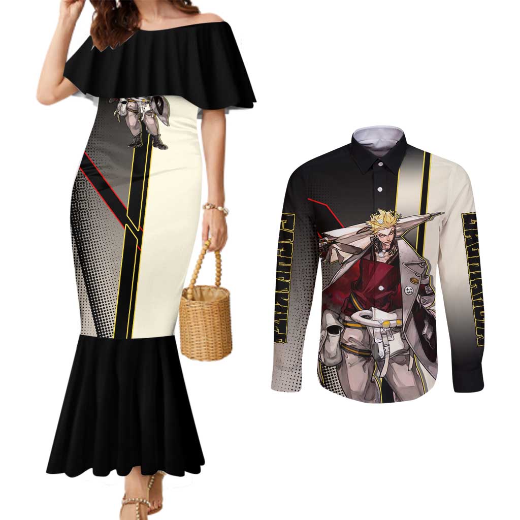 Enjin Crimson Strategist Couples Matching Mermaid Dress and Long Sleeve Button Shirt Grunge Manga Illustration Style
