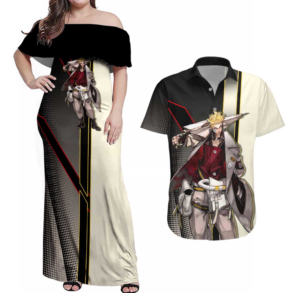 Enjin Crimson Strategist Couples Matching Off Shoulder Maxi Dress and Hawaiian Shirt Grunge Manga Illustration Style