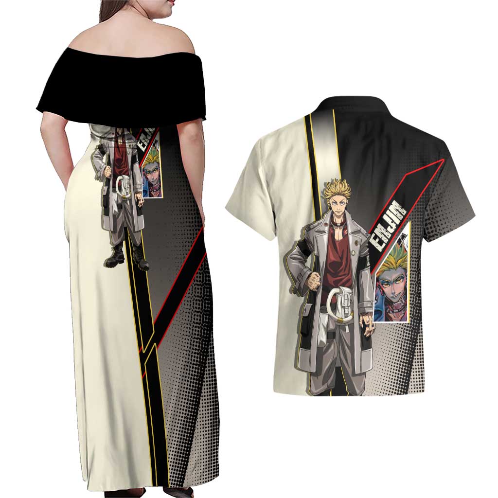 Enjin Crimson Strategist Couples Matching Off Shoulder Maxi Dress and Hawaiian Shirt Grunge Manga Illustration Style