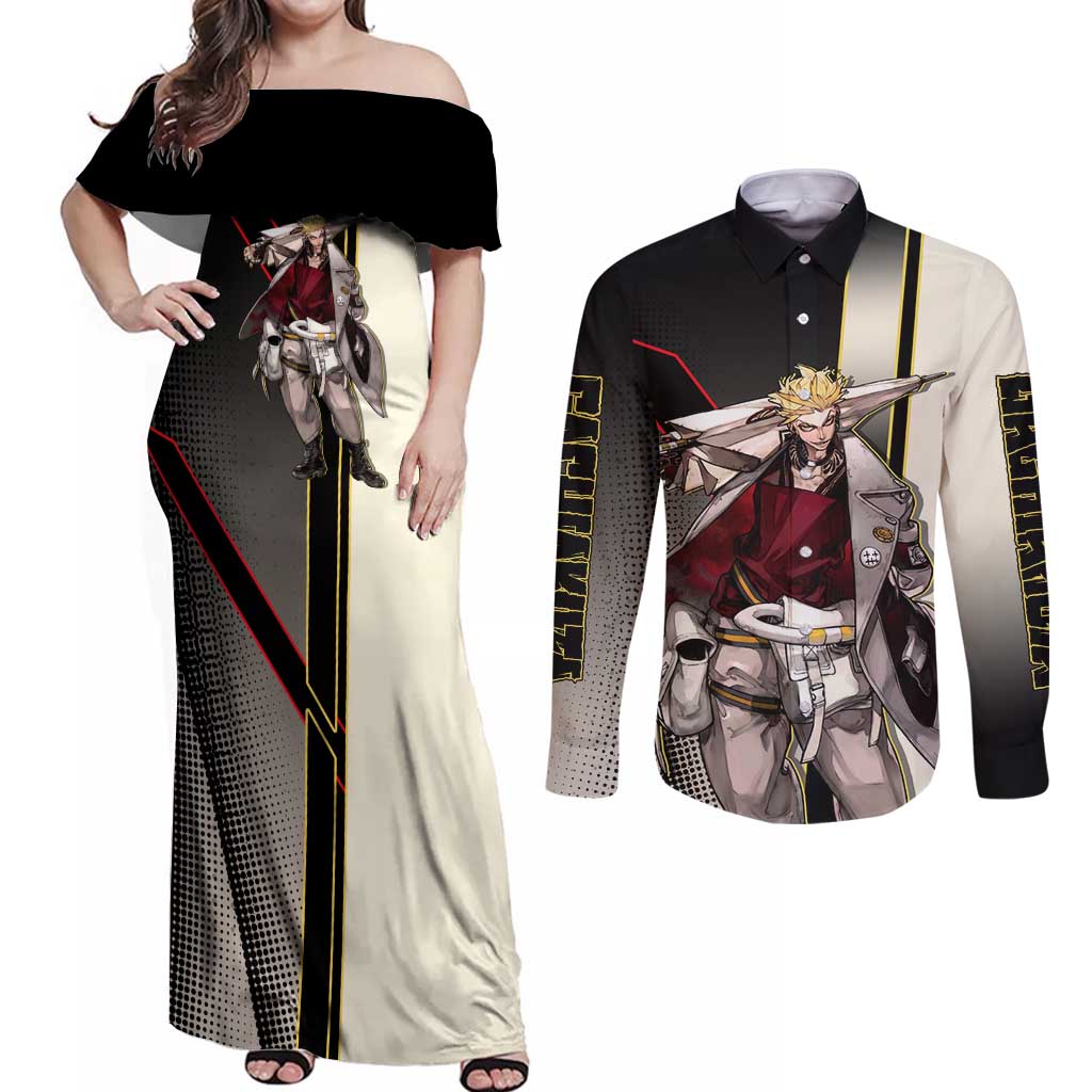 Enjin Crimson Strategist Couples Matching Off Shoulder Maxi Dress and Long Sleeve Button Shirt Grunge Manga Illustration Style