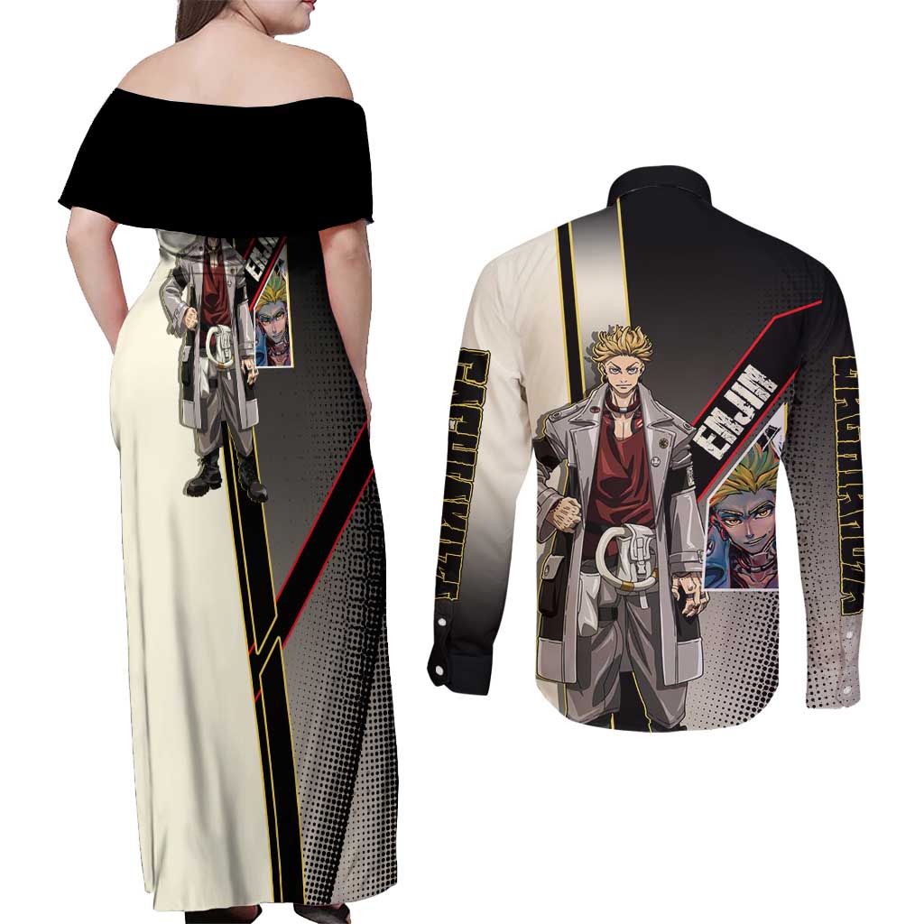 Enjin Crimson Strategist Couples Matching Off Shoulder Maxi Dress and Long Sleeve Button Shirt Grunge Manga Illustration Style