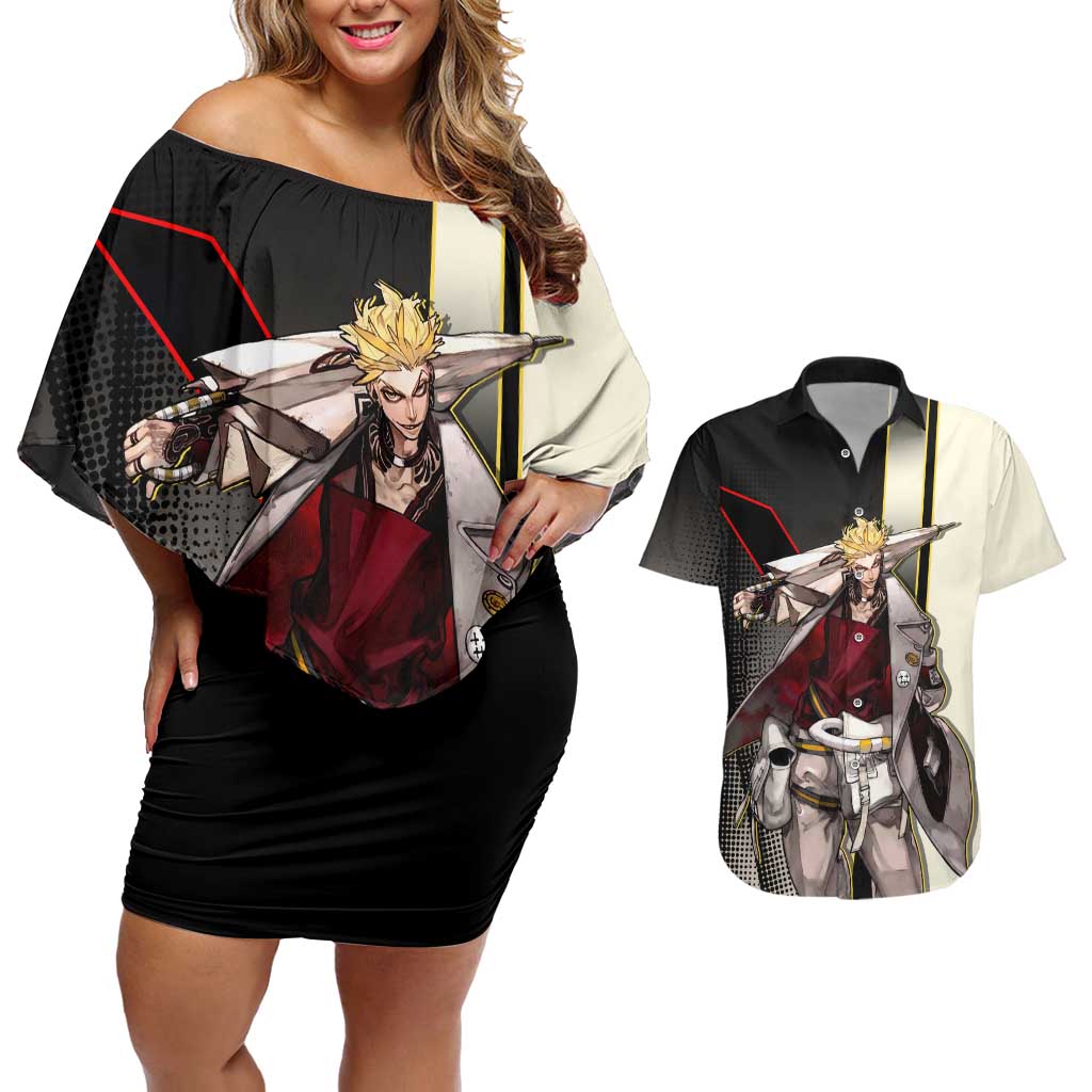 Enjin Crimson Strategist Couples Matching Off Shoulder Short Dress and Hawaiian Shirt Grunge Manga Illustration Style