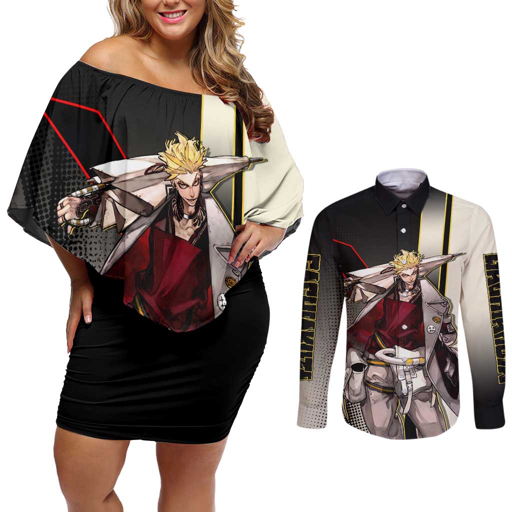 Enjin Crimson Strategist Couples Matching Off Shoulder Short Dress and Long Sleeve Button Shirt Grunge Manga Illustration Style