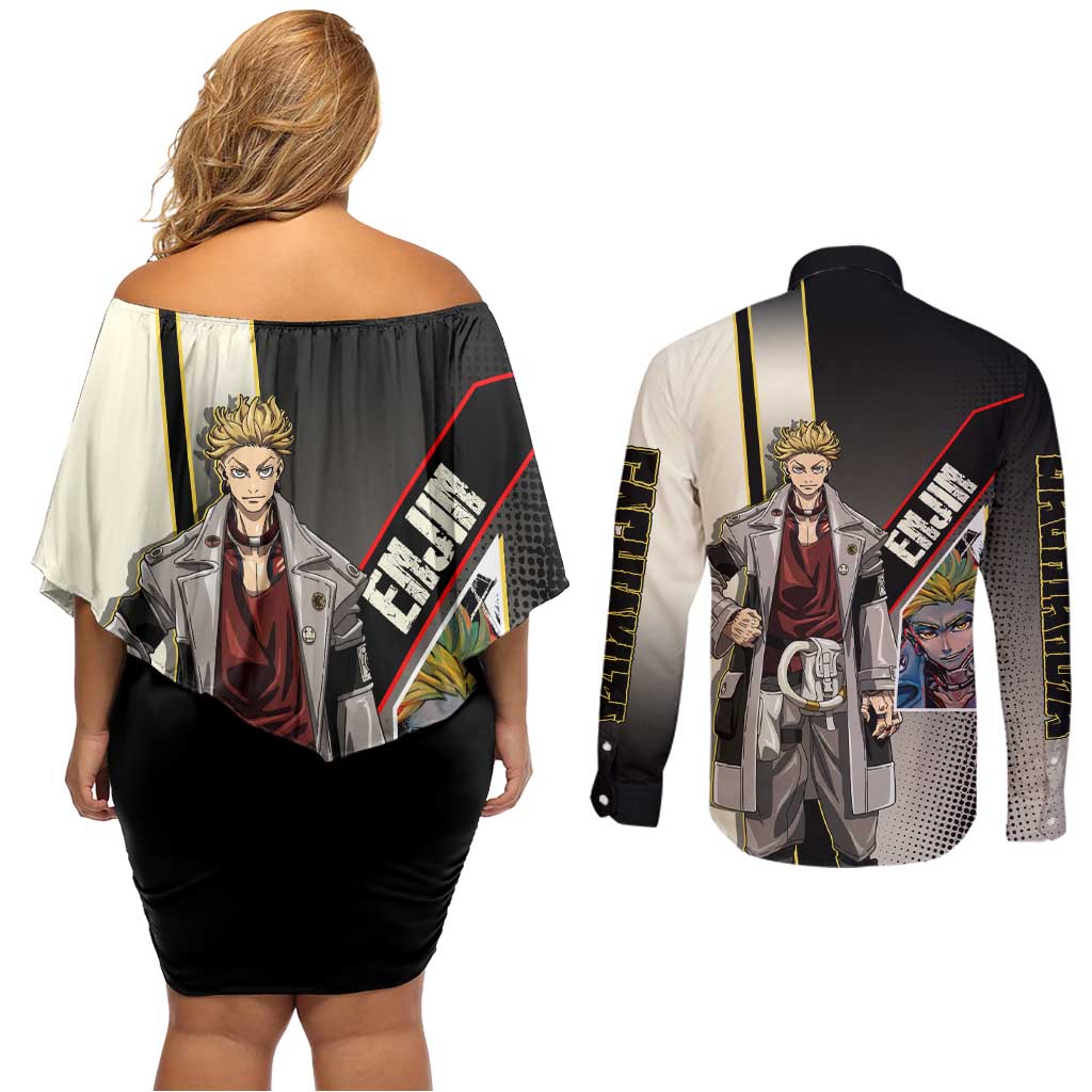 Enjin Crimson Strategist Couples Matching Off Shoulder Short Dress and Long Sleeve Button Shirt Grunge Manga Illustration Style