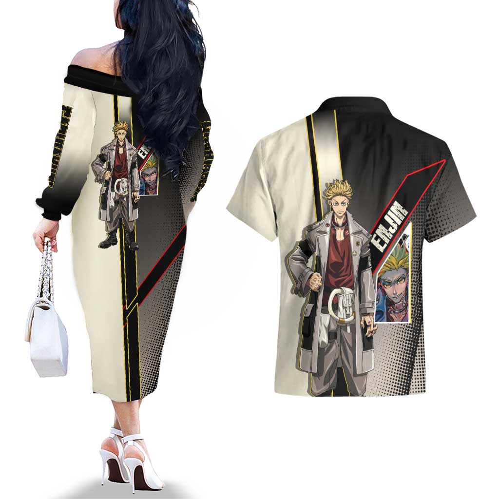 Enjin Crimson Strategist Couples Matching Off The Shoulder Long Sleeve Dress and Hawaiian Shirt Grunge Manga Illustration Style