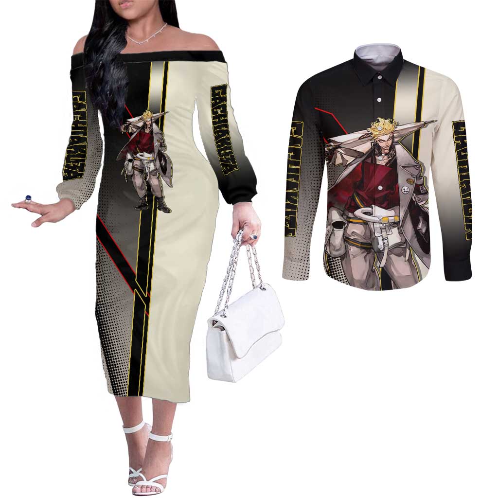 Enjin Crimson Strategist Couples Matching Off The Shoulder Long Sleeve Dress and Long Sleeve Button Shirt Grunge Manga Illustration Style