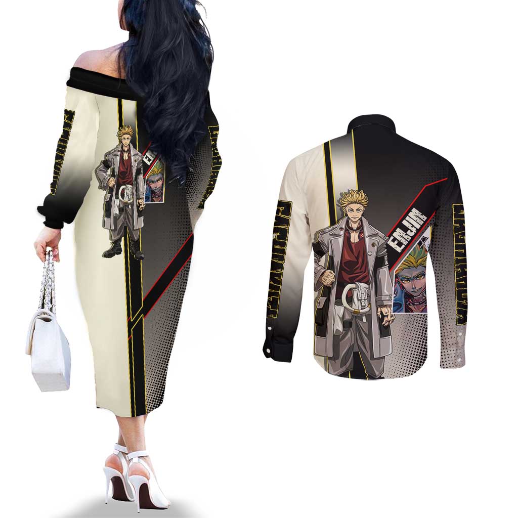 Enjin Crimson Strategist Couples Matching Off The Shoulder Long Sleeve Dress and Long Sleeve Button Shirt Grunge Manga Illustration Style