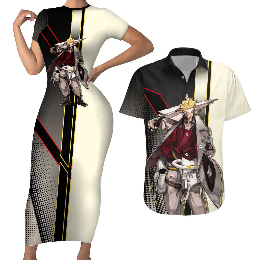 Enjin Crimson Strategist Couples Matching Short Sleeve Bodycon Dress and Hawaiian Shirt Grunge Manga Illustration Style