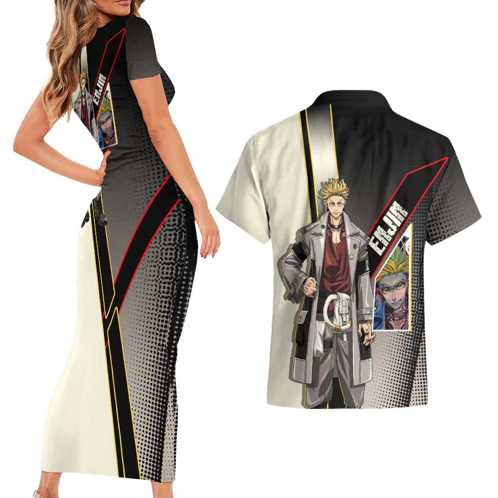 Enjin Crimson Strategist Couples Matching Short Sleeve Bodycon Dress and Hawaiian Shirt Grunge Manga Illustration Style