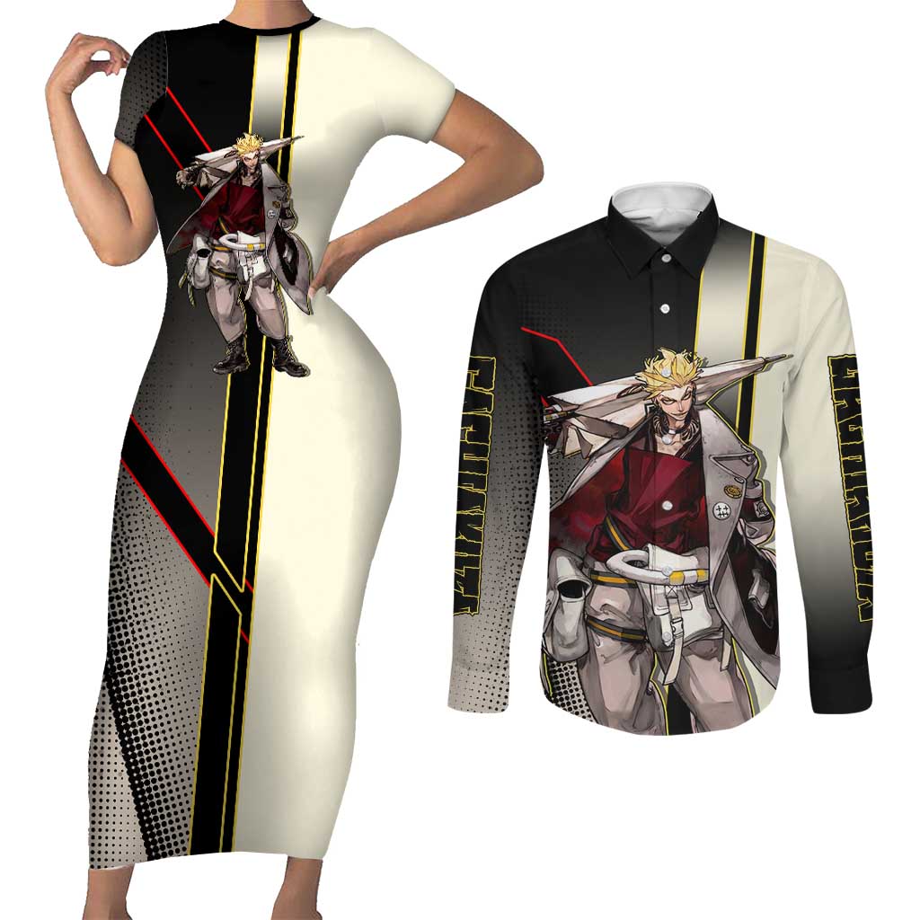 Enjin Crimson Strategist Couples Matching Short Sleeve Bodycon Dress and Long Sleeve Button Shirt Grunge Manga Illustration Style