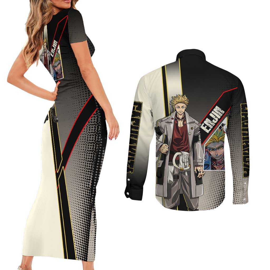 Enjin Crimson Strategist Couples Matching Short Sleeve Bodycon Dress and Long Sleeve Button Shirt Grunge Manga Illustration Style