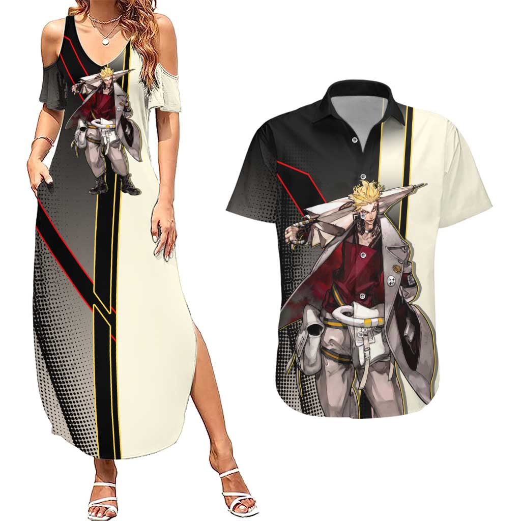 Enjin Crimson Strategist Couples Matching Summer Maxi Dress and Hawaiian Shirt Grunge Manga Illustration Style