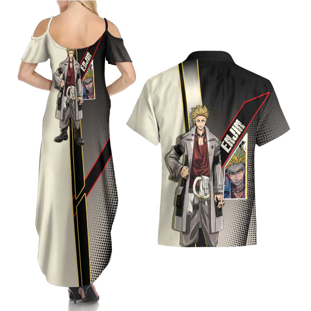 Enjin Crimson Strategist Couples Matching Summer Maxi Dress and Hawaiian Shirt Grunge Manga Illustration Style