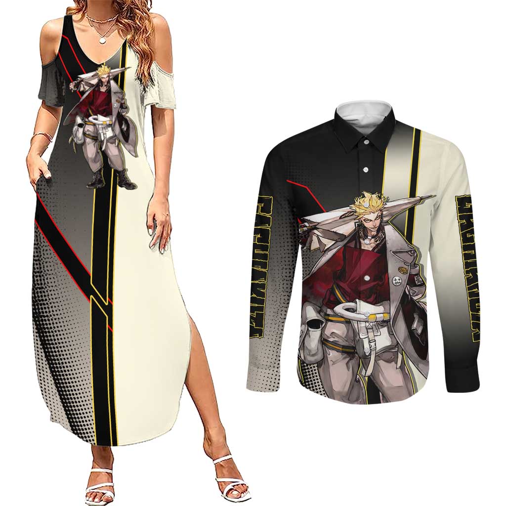 Enjin Crimson Strategist Couples Matching Summer Maxi Dress and Long Sleeve Button Shirt Grunge Manga Illustration Style
