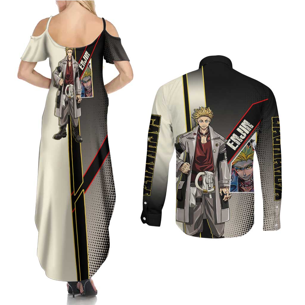 Enjin Crimson Strategist Couples Matching Summer Maxi Dress and Long Sleeve Button Shirt Grunge Manga Illustration Style
