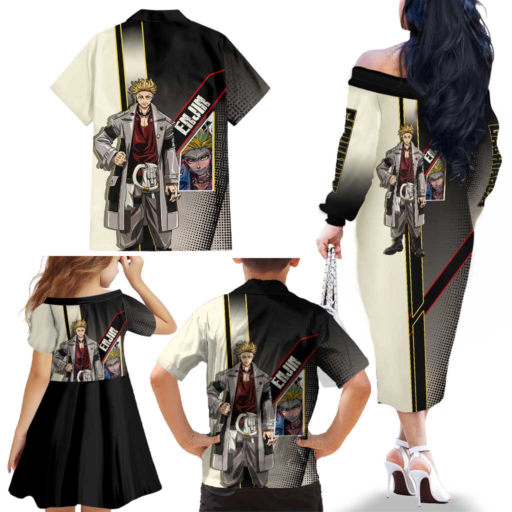 Enjin Crimson Strategist Family Matching Off The Shoulder Long Sleeve Dress and Hawaiian Shirt Grunge Manga Illustration Style
