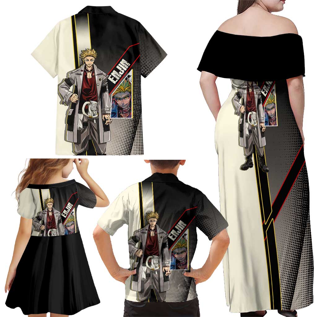 Enjin Crimson Strategist Family Matching Off Shoulder Maxi Dress and Hawaiian Shirt Grunge Manga Illustration Style