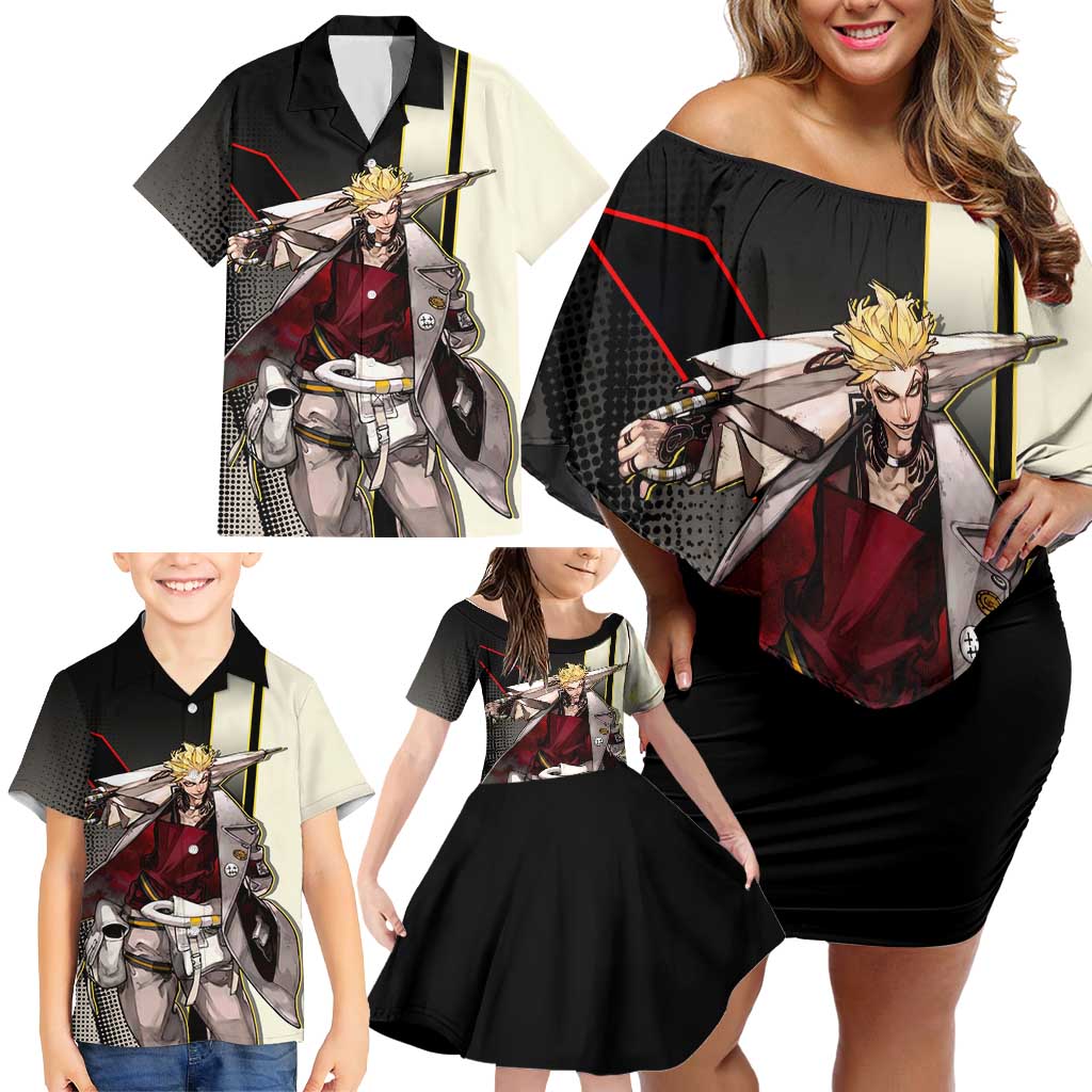 Enjin Crimson Strategist Family Matching Off Shoulder Short Dress and Hawaiian Shirt Grunge Manga Illustration Style