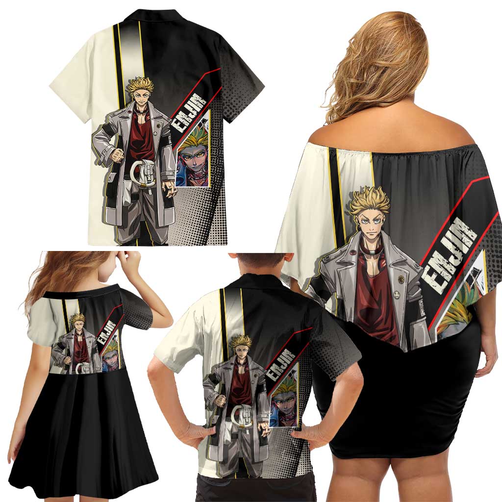Enjin Crimson Strategist Family Matching Off Shoulder Short Dress and Hawaiian Shirt Grunge Manga Illustration Style