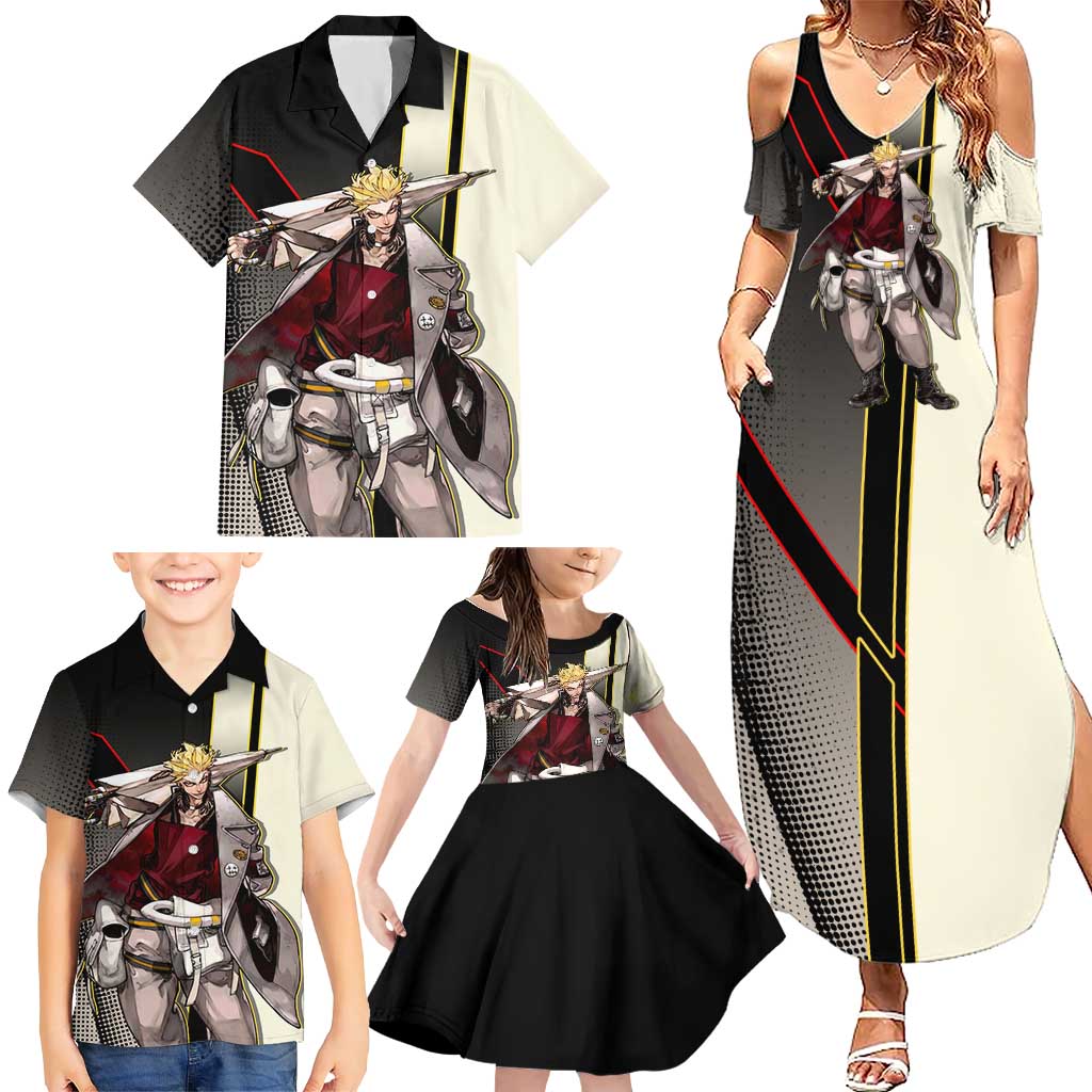 Enjin Crimson Strategist Family Matching Summer Maxi Dress and Hawaiian Shirt Grunge Manga Illustration Style