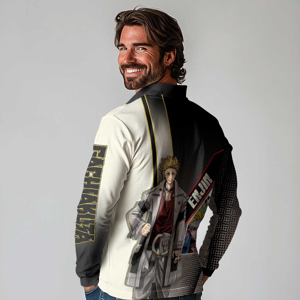 Enjin Crimson Strategist Long Sleeve Polo Shirt Grunge Manga Illustration Style